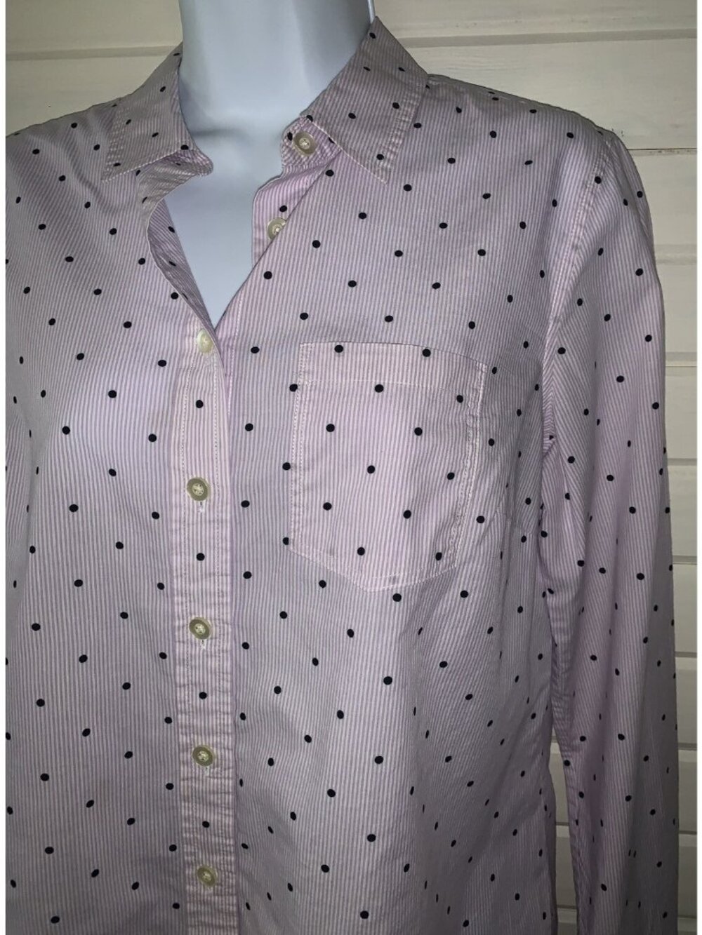 Talbots Sz 8 Lavender Dots Stripes Tunic Blouse 100% Cotton Logo Pocket EUC